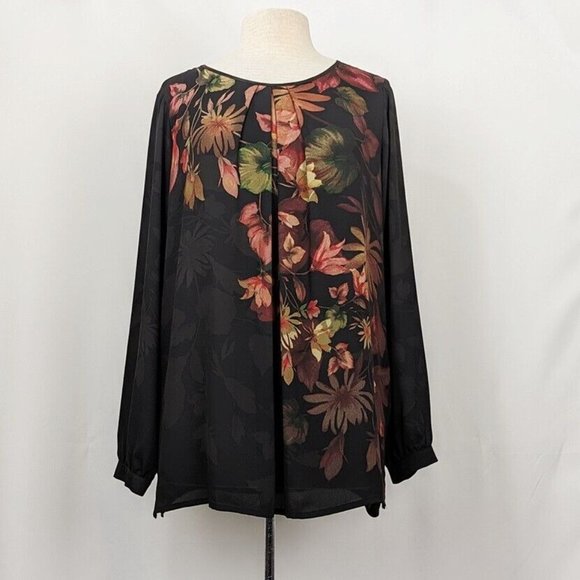 Linea Louis Dell'Olio Peasant Top Black Sheer Floral Print Placement Size M - Picture 1 of 8